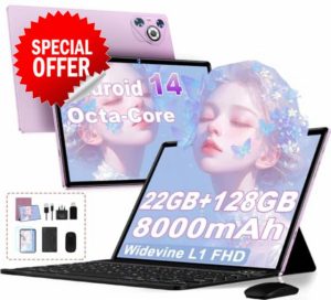 JVVQTB Tablet Android 14 10 Inch Octa Core 22GB RAM + 128GB ROM (1TB TF) | 5G + 2.4G WiFi | GPS| FHD | Bluetooth 5.0 | 8000mAh | 8MP + 5MP | Type C