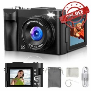 Digital Camera 4K for Photography Vlogging: 48MP Cameras for Video - 16X Zoom Photo Camera Gifts for Teens Ages 8-16 - 180°Flip Screen Compact Cámara - Point and Shoot Digital Cameras for YouTube