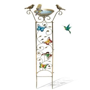 Antique Garden Iron Plant Trellis with Decorative Butterflies Detachable Bird Bath Bowl Metal Potted Plants Support for Climbing Flowers(Butterfly)