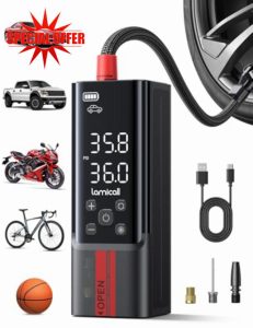 Lamicall Cordless Tyre Inflator Air Compressor - [Metal Cylinder] 150PSI Electric Pump with Digital Dual-Value Display
