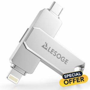 LESOGE MFi Certified 256GB USB C & Lightning Memory Stick - Dual Interface Flash Drive with USB C Adapter