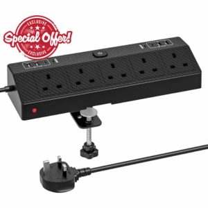 Desk Extension Lead with USB Slots，2PD 20W Fast Charger（8 USB Ports)，5AC Black 1.8M Desk Power Socket Extension Cable