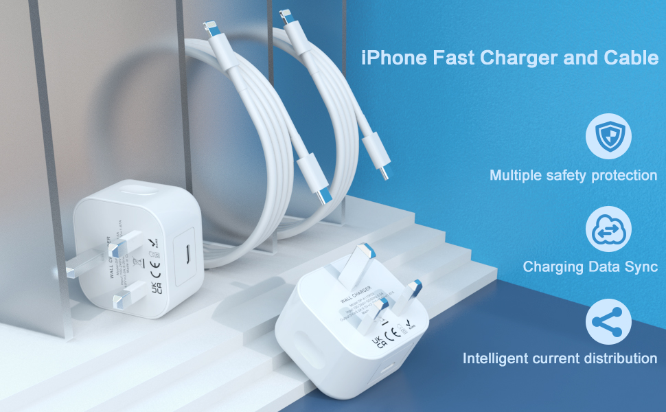 iPhone fast charger set with white USB power adapter and two coiled charging cables. Features multiple safety protection, charging data sync, and intelligent current distribution.