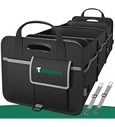 Black trunk organizer with multiple compartments, carrying handles, and reflective gray strips. Features Trunifa branding and includes adjustable straps for securing.