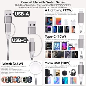 1.8M/6FT USB A/C to iOS Port/Type C/Micro USB/iWatch Nylon-Braided Charging Cable Compatible for iWatch Ultra/SE/1-10/iPhone/iPad/AirPods/Galaxy/HUAWEI