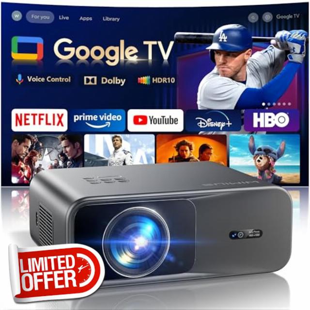 4K Projector【Official Google TV/Netflix/Disney & Dolby Audio】1000ANSI Smart Projector 4K Portable HDR10 Auto Focus/Keystone V-Control Outdoor Projectors WiFi Bluetooth for Bedroom/Home Cinema/HDMI ARC