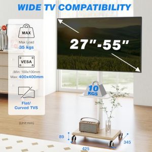 Mobile TV Cart Trolley TV Stand Height Adjustable Swivel with Wood Base Max VESA 400x400mm Holds 35kg Beige