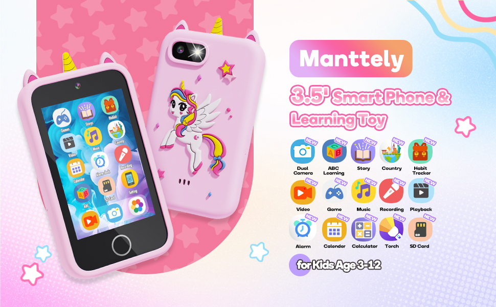 Text reads 'Manttely'. Pink phone case with kawaii-style mobile app interface showing cute character icons and emojis in pastel colors.