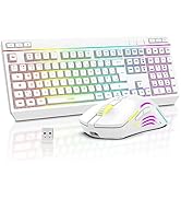 RGB mechanical gaming keyboard with full-size layout, multicolor LED backlight, wrist rest, and metallic white frame design
