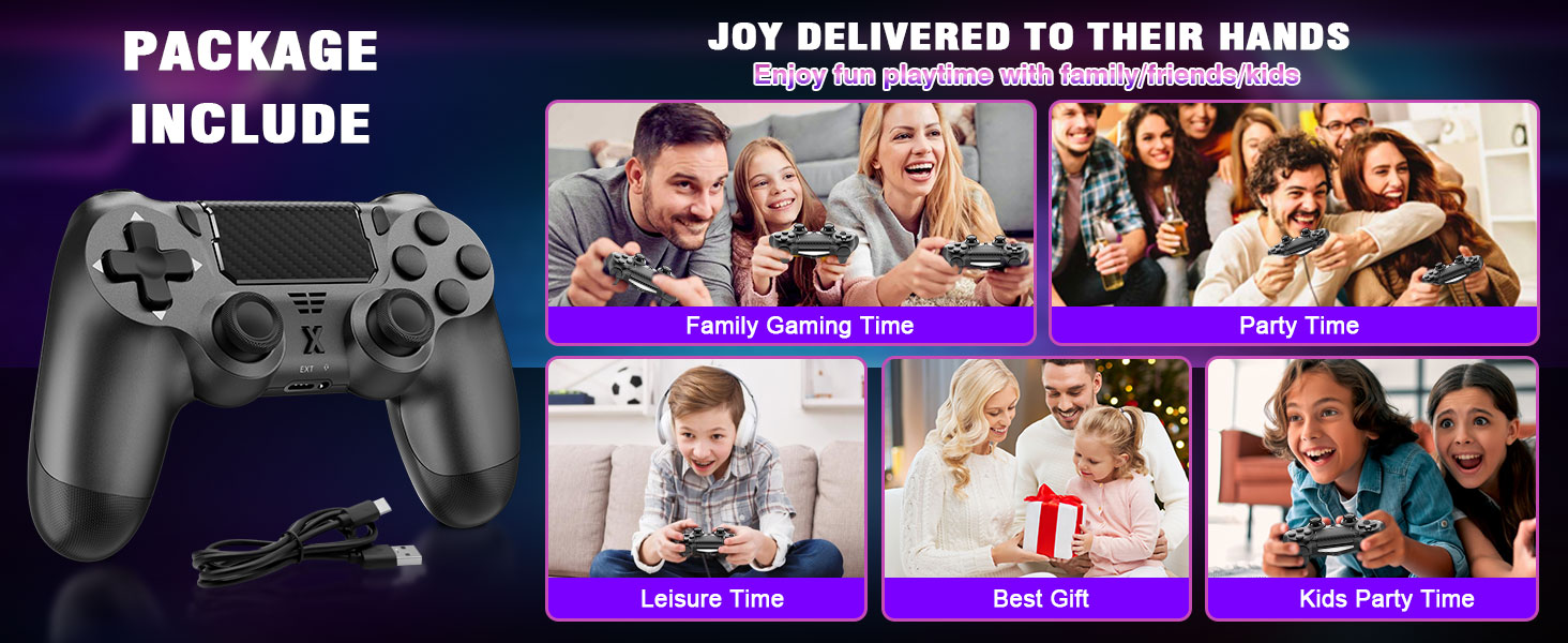 Text reads: 'PACKAGE INCLUDE'. Marketing collage featuring gaming controller image and entertainment scenarios similar to previous image.
