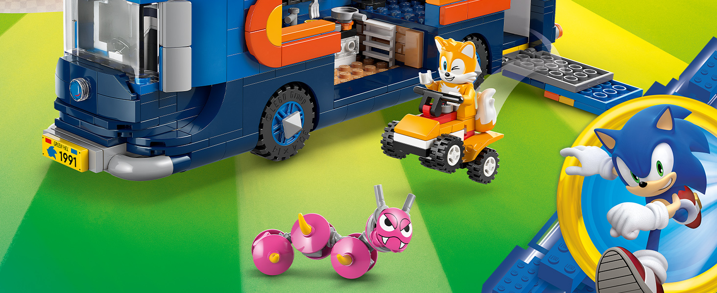 Series of promotional images showing blue and yellow toy or game pieces in action sequences against colorful backgrounds.