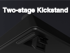 Dark product image showing text 'Two-stage Kickstand' against black background with partial view of device.