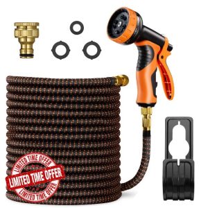 VonHaus Expandable Garden Hose – 50FT Flexible Hose Pipe with 10-Pattern Spray Nozzle & 1/2" and 3/4" Brass Fittings – 4-Layer Latex Kink Free Design Wall Mounted Heavy Duty Retractable Water Hose