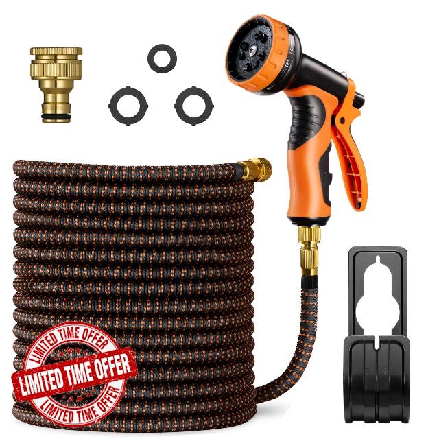 VonHaus Expandable Garden Hose – 50FT Flexible Hose Pipe with 10-Pattern Spray Nozzle & 1/2" and 3/4" Brass Fittings – 4-Layer Latex Kink Free Design Wall Mounted Heavy Duty Retractable Water Hose