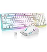 RGB gaming keyboard and wireless mouse combo featuring rainbow LED backlighting, full numeric keypad, and a wireless gaming mouse with LED accents.