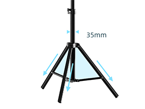 Black tripod stand with '35mm' measurement label, featuring adjustable legs and locking mechanisms for stability.