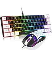 Compact gaming keyboard with RGB rainbow backlighting paired with a matching gaming mouse featuring honeycomb design and RGB lighting effects.