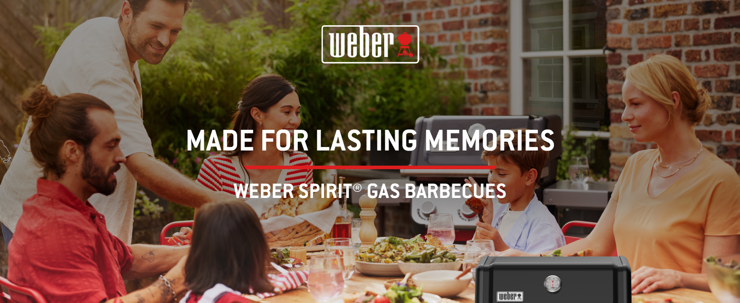 Text reads 'MADE FOR LASTING MEMORIES' with Weber brand logo. Shows outdoor dining scene with grill and patio furniture.