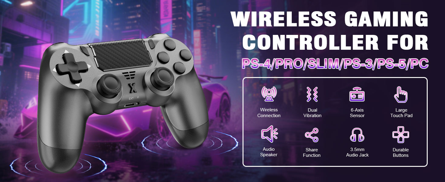 Text reads 'WIRELESS GAMING CONTROLLER FOR'. Product shows dark gray gaming controller with four icon indicators below showing features. Purple and black gradient background with tech-inspired graphics.