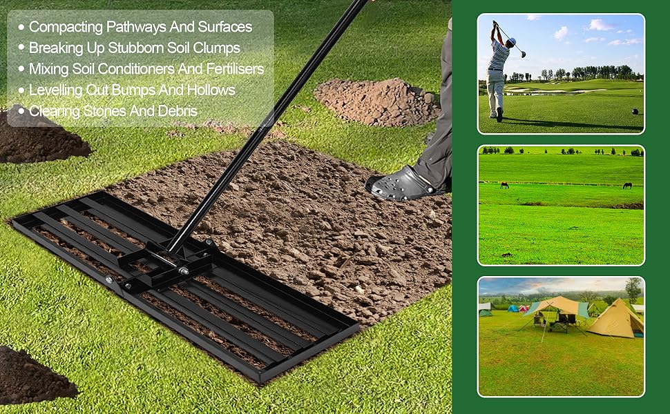 Lawn aerator tool shown with cross-section view of different soil layers and materials, including mulch, topsoil, and gravel. Tool has grid-pattern spikes for penetrating ground.