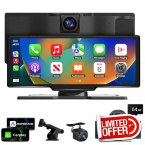 10.26 inch Wireless CarPlay Touchscreen for Car: 4K Dash Cam Car Play Screen with Carplay & Android Auto Portable Car Stereo 1080p Backup Camera Auto Brightness GPS Navigation Bluetooth Mirror Link