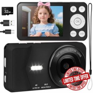 4K Digital Camera - 64MP 2.8" UHD Compact Cameras - Autofocus Rechargeable Vlogging Camera with 32G SD Card Portable Travel Mini Small Camera with 18X Digital Zoom for Kids Beginners Teenagers (Black)