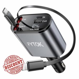 Retractable Car Charger 4-in-1 Car Phone Charger 66W Fast Charge with 2 Retractable Cables (2.6FT) and 2 USB Ports 12V Car USB Adapter Compatible with i Phone