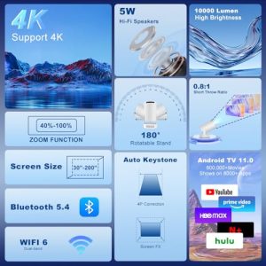 Portable Smart Projector with WIFI 6 and Bluetooth 5.4