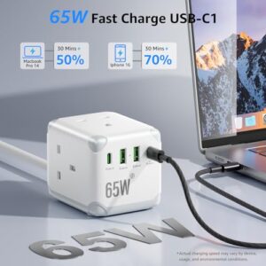 3 Way Multi Plug Extension Socket with 2 USB-A & 2 USB-C Ports