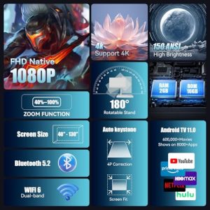 4K 1080P Support Portable Projector Movie Auto Keystone for Laptop