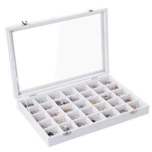 Frebeauty Velvet Jewellery Tray 35 Grid Jewellery Organiser with Clear Lid Earring Organiser Holder Case with Clasp Drawer Insert for Rings Studs Brooches Gift for Women Girls(White 35 White)