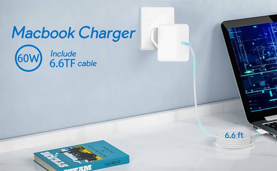 Text reads 'MacBook Charger'. Product photos showing a blue laptop charging device from multiple angles, highlighting its slim design and connection ports.