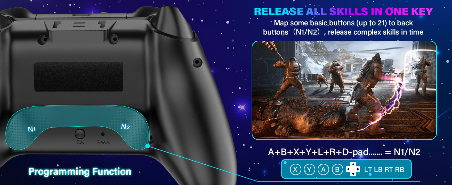 Text reads 'ONE-CLICK WAKE UP... WIDELY COMPATIBLE'. Illuminated transparent gaming controller with neon blue effects next to gaming device icons.
