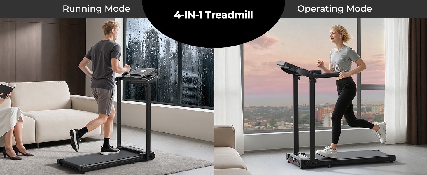 Text reads 'Running Mode', '4-IN-1 Treadmill', 'Operating Mode'. Split image showing treadmill in different usage configurations.