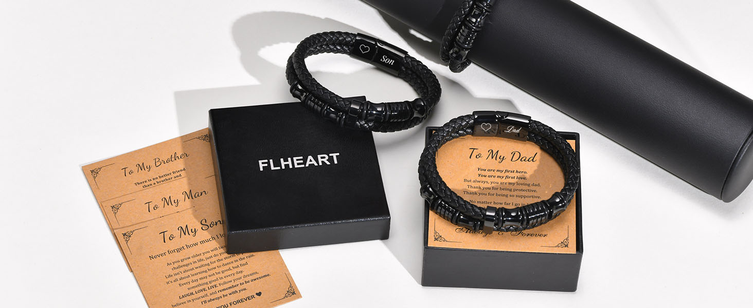 Black leather bracelet set with gift packaging. Includes branded box, cylindrical case, product cards, and two braided leather bracelets.