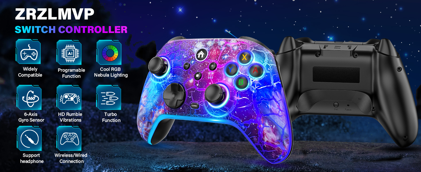 Text reads 'ZRZLMVP'. Gaming controller with galaxy/cosmic design featuring LED illumination and multiple control buttons. Product features shown include wireless connectivity and customizable buttons.