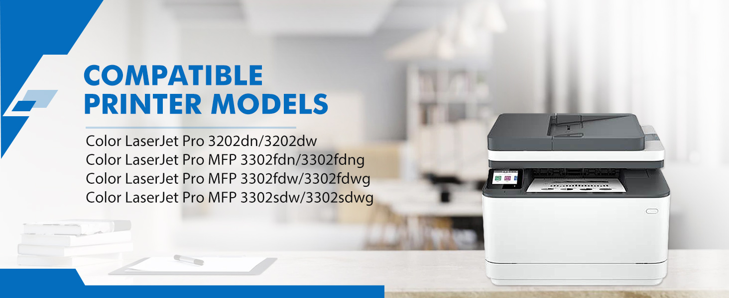 Printer compatibility information for various Color LaserJet Pro models, displayed against a background image of a white office printer.