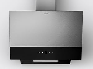 Modern wall-mounted range hood in stainless steel and black finish with sleek, angular design.