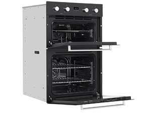 Product photos of a compact built-in oven or cooking appliance shown from different angles, featuring stainless steel finish and control panel.