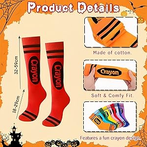 Text reads 'Halloween Crew Costume Socks'. Product listing showing colorful striped socks with material description 'Polyester Color: Multicolor'. Multiple socks displayed against yellow background.