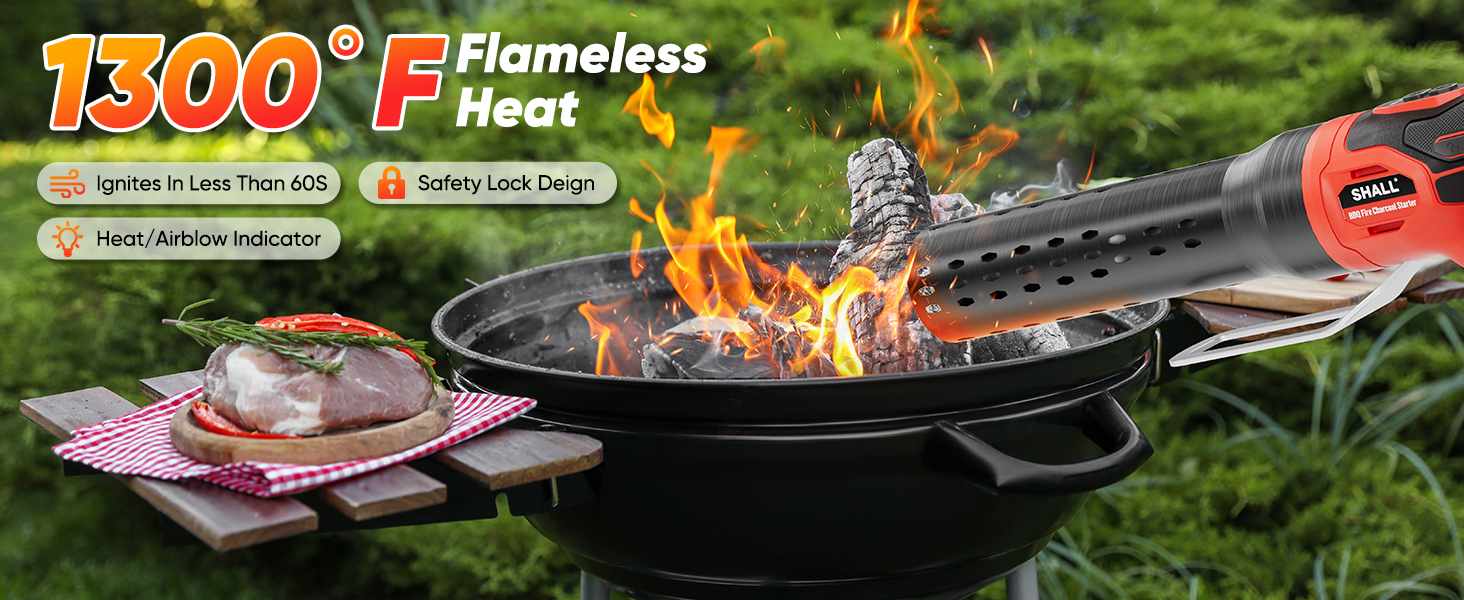 Text reads '1300°F Flameless Heat'. Shows outdoor grill or cooking device with flames and food being prepared on cooking surface.