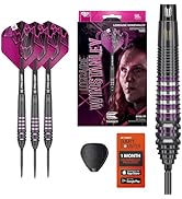 Collection of dart equipment showing various blue and red darts with metallic shafts, dart accessories, and packaging with brand graphics.