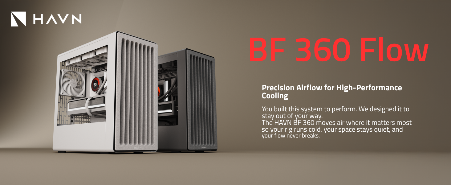 Text reads 'HAVN BF 360 Flow'. Product marketing image showing sleek modern audio or electronic device against dark background.