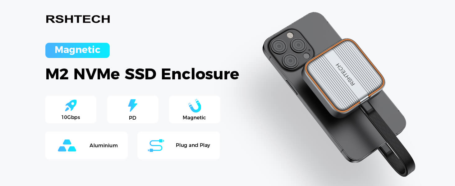 Text reads 'RSHTECH' and 'M2 NVMe SSD Enclosure'. Technical product images showing black electronic device with connection ports and usage diagrams.