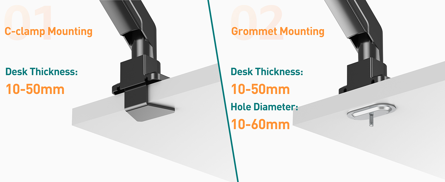 Diagram showing two desk mounting options: C-clamp and grommet. Both support 10-50mm desk thickness. Grommet option specifies 10-60mm hole diameter. Black adjustable clamps visible.
