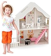 Three-story wooden dollhouse with pink roof. Features furnished rooms including bedroom, living room, and kitchen. Colorful miniature furniture and decorations visible in each room.