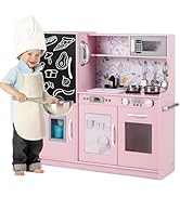 Maxmass Kids Corner Kitchen, Wooden Toy Kitchen with Coffee Maker, Lights, Rounds, Sink, Microwav...