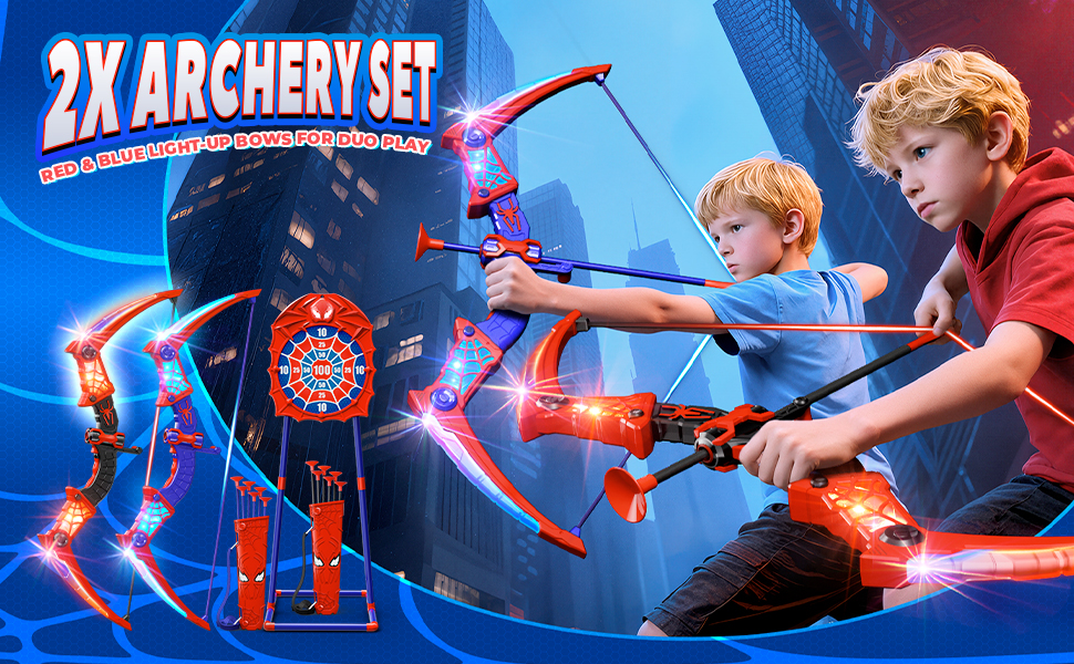 Text reads '2X ARCHERY SET'. Product image shows players using light-up archery equipment with glowing blue and red effects in action poses.