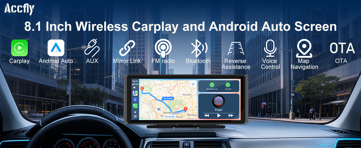 Text reads '8.1 Inch Wireless Carplay and Android Auto Screen'. Dashboard display showing navigation interface with multiple connectivity icons including WiFi, Bluetooth, and USB symbols.