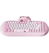 Multiple views of a pink mechanical keyboard with white keycaps, shown from different angles to display its complete design and layout.